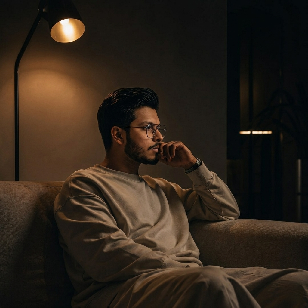 Tahmid, founder of OfferCraft, seated on a couch in warm lamplight